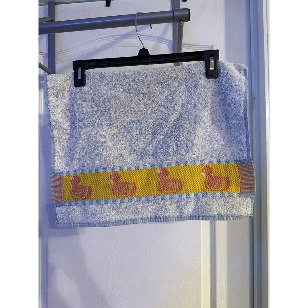 Vintage‎ Rubber Ducky Hand Towel Light Blue Yellow Cotton Terry Cloth Bath Decor